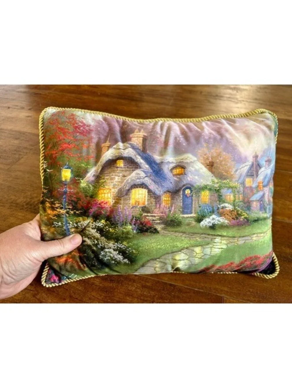 Thomas Kinkade Throw Pillow with Cottage Landscape Print and Green Backing